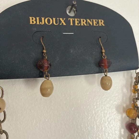 Bijoux Terner Multistrand Amber, Brown and Cream Beaded Necklace with Earrings - Picture 2 of 3